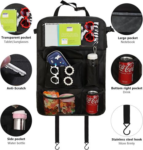 ENOCHT 600D منظم المقعد الخلفي للسيارة، منظم تخزين السيارة المقاوم للماء مع صينية السيارة 7 جيوب تخزين، واقي المقعد الخلفي للأطفال، منظم ملحقات السفر باللون الأسود (أسود-عبوة واحدة) in Kuwait