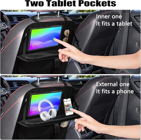 ENOCHT 600D منظم المقعد الخلفي للسيارة، منظم تخزين السيارة المقاوم للماء مع صينية السيارة 7 جيوب تخزين، واقي المقعد الخلفي للأطفال، منظم ملحقات السفر باللون الأسود (أسود-عبوة واحدة) in Kuwait