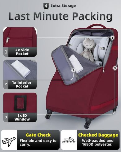 حقيبة ظهر لمقعد السيارة مع عجلات للسفر الجوي، حامل غطاء مقعد السيارة مبطن كبير جدًا للطائرة، حقيبة فحص بوابة المطار السوداء مقاومة للماء للرضع، ملحقات مقعد السيارة الداعم القابل للتحويل in Kuwait