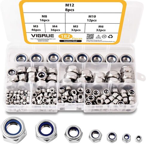 VIGRUE 228PCS Nylon Hex Lock Nuts Assorted Set, 4-40, 6-32, 8-32, 10-24, 1/4-20, 3/8-16, 5/16-18, 1/2-13 SAE Nylon Insert Nuts Assortment Kit, 304 Stainless Steel 18-8, Coarse Thread in Saudi Arabia