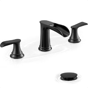 Widespread Bathroom Faucet, Brushed Nickel, Brass Waterfall, 2 Handles, 3 Hole, 5-16 Inch Vanity Faucet, Drain Included