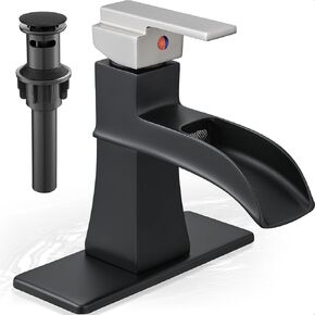 Bathroom Waterfall Faucet, Brass Oil Rubbed Bronze Bathroom Faucet Single Handle, 4 Inch Bathroom Sink Faucet 1 Hole or 3 Holes, Bathroom Faucets with Pop-Up Drain & Deck Plate for RV Farmhouse