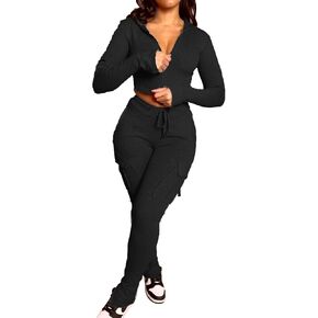 DINGANG Women's 2 Piece Sweatsuit Outfits Long Sleeve Cropped Hoodie Sweatshirts Jogging Cargo Swaetpant Sets