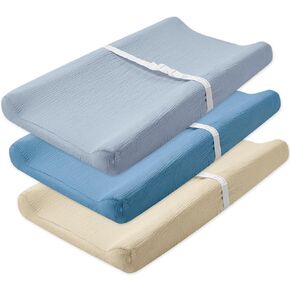 3 Pack Muslin Changing Pad Cover, Solid Changing Table Pad Cover, Soft Breathable Double Layer Boho Changing Pad Sheets Fit for Standard Changing Pad 16" x 32" (Cedar & Peach & Beige)
