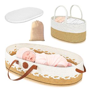 Moses Basket for Newborn, Foam Pad Changing Basket with Waterproof Cover, Baby Changing Basket with Diaper Caddy, Cloth Tote Bag for Traveling with The Set, Portable Boho Set