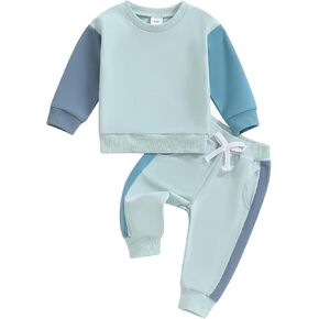 Toddler Baby Boy Clothes Color Block Fall Winter Outfit Long Sleeve Round Neck Sweatshirt and Pants Infant Set