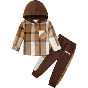 ESHOO Toddler Boys Fall Clothes Long Sleeve Hoody Plaid Sweatshirt Top + Sweatpants Long Pants 2-Piece Kids Winter Outfits