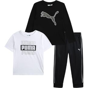 PUMA Toddler Boys Pants Set - 3 Piece Short Sleeve T-Shirt, Long Sleeve T-Shirt and Tricot Pants - Boys Activewear Set, 2T-4T