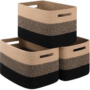 Storage Basket for Organizing, Woven Baskets for Storage, Rectangle Decorative Baskets for Shleves, Closet, Toys, Books, Towel Baskets for Bathroom - Pack of 3 (Black & Brown)