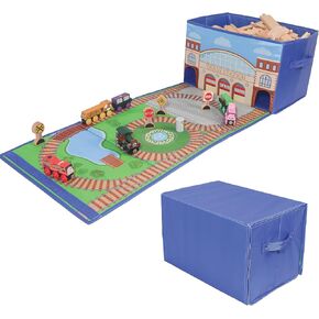 Train Storage Bin and Play Mat - Wooden Railway Take-Along Storage Box with Train Tracks Design - Two in One Collapsible Toy Car Storage with Station - Car Garage Fabric Bin