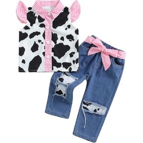 Emmababy Western Toddler Denim Outfit Cow Print Plaid Shirt Ruffle Sleeve Button Down Tops Ripped Jeans Baby Girl Pants Set