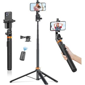 70" Phone Tripod, Extendable Phone Tripod Stand & Selfie Stick Tripod with Remote and Phone Holder, Compact Portable Cell Phone Tripod Compatible with All Phones, Cameras