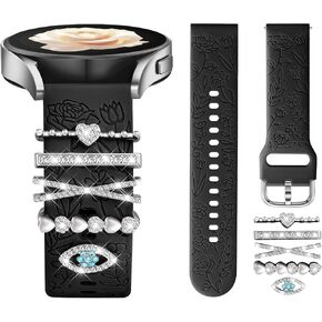DaQin Flower Engraved Band Compatible with Samsung Galaxy Watch 7 Band/FE 6 5 4 40mm 44mm,Galaxy Active 2, 20mm Watch Band Soft Silicone Replacement Strap with Decorative Charms Accessories Women