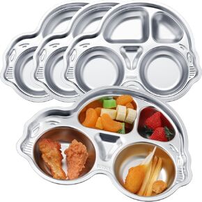 Tioncy 4 Pcs Stainless Steel Kids Plates 4 Sections Divided Plates Unbreakable Dinner Plates Cute Car Shape Stainless Steel Plate for Babies, Toddlers and Kids Lunch, Portion Control, Camping