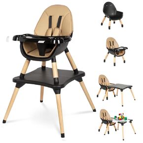High Chair for Babies & Toddlers, Convertible Wooden 6 in 1 Baby Highchair, Table and Chair Set, Building Block Table, 5-Point Adjustable Seat Belts, 4-Position Removable Tray& PU Seat Cushion (Black)
