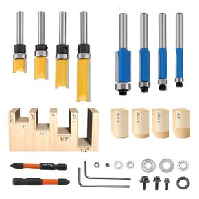 Router Bits Set 1/4 Shank, 4 Flush Trim Router Bits, 4 Pattern Flush Trim Router Bits, Router Bit with a Bearing Prevent Tearing, Wood Milling Cutter for Trimming 8PCS