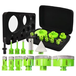 Tile Hole Saw Kit - 12pcs Diamond Core Drill Bits Set 1/4" 5/16" 4/5" 1" 1-3/8" 2" 3" 4" with 4/5" Finger Bit 2" Beveling Chamfer Bit for Porcelain Ceramic Granite Marble