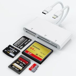 SD CF XD MS TF Card Reader Compatible with iPhone/iPad, 5 in 1 Multi Memory Card Reader OTG Adapter Supports Micro SD/SDHC/XD/CF/MS Picture Card, Lightning+USB A+USB C Memory Stick pro Duo Adapter