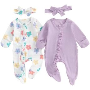 Baby Girl Footies Newborn Zipper Sleeper 2 Pack Ruffle Pajamas Romper Coming Home Outfit in Kuwait