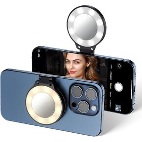 JJC Magnetic Phone Selfie Ring Light, Rechargeable Cell Phone Selfie Light with 3 Light Modes/3 Brightness Levels, 180° Flip & Built-in Mirror Design Phone Fill Light for Selfie Vlog Live Streaming
