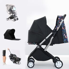 Lightweight Baby Strollers with Sleeping Basket and Rain Cover for Travel,One-Handed Folding Airplane Stroller for Toddlers 1-3 .(Black)