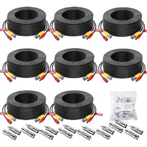 8 Pack 50ft/15M Video Power Cable, BNC Extension Security Camera Cable Wire for CCTV Surveillance DVR System, Included 16 x BNC Connectors and 100pcs Cable Clips