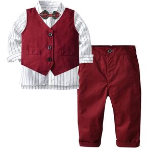 Boys Formal Outfit Suit, Toddler Boys 3Pcs Clothing Set Long Sleeve Bowtie Shirt+Vest+Pants Casual Suit Wine Red 1-5 Years