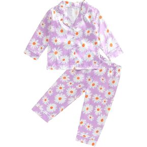 Multitrust Baby Girls Silk Pajamas Set Daisy Floral Long Sleeve Button Down Shirts and Pants Flower Girl Satin Pj Lounge Set