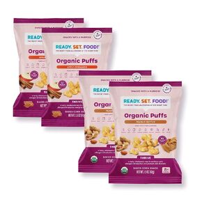 Organic Puffs Variety 4-Pack: Peanut Butter and Apple Cinnamon - Ready Set Food Early Allergen Introduction Snack Puffs w/ 9 Top Allergens, No Added Sugar, Babies 8+ Months
