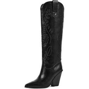 ISNOM Women's Western Boots Knee High Boots, Cowboy Cowgirl Boots, Unique Fashion Embroidered Chunky Block Heels Pointed Toes Boots Over Knee Boots