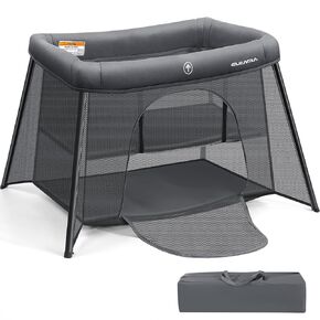 ELEMARA Big Travel Crib for Baby,Portable Crib with Comfortable Mattress,Lightweight Foldable Playpen with Long-Lasting Frame, Indoor & Outdoor Use Playard, Pack and Play for Toddlers（Light Grey）