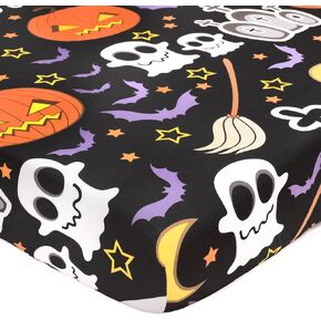 Halloween Crib Sheets, Fitted Crib Sheet with Ghosts, Skulls, Bats, Crosses, Tombstones, and Pumpkins, Measuring 52'' x 28'' to fit Standard Crib & Toddler Mattresses, Black