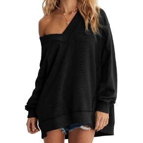 AlvaQ Women's Oversized Sweatshirt 2024 Casual Long Sleeve V Neck Pullover Tunic Tops Outfits
