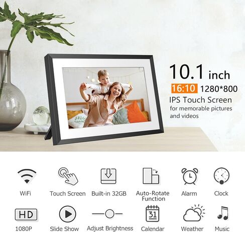إطار صورة رقمي واي فاي 32 جيجابايت 10.1 بوصة مع شاشة لمس IPS عالية الدقة 1280x800، إرسال الصور أو مقاطع الفيديو عبر التطبيق أو البريد الإلكتروني، يدعم محرك USB/بطاقة SD للتخزين الموسع، تدوير تلقائي، قابل للتركيب على الحائط in Kuwait