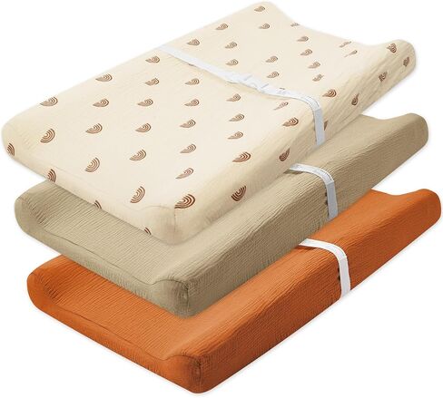 3 Pack Muslin Changing Pad Cover, Solid Changing Table Pad Cover, Soft Breathable Double Layer Boho Changing Pad Sheets Fit for Standard Changing Pad 16" x 32" (Cedar & Peach & Beige) in Saudi Arabia