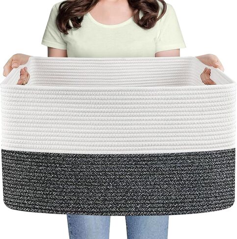 Extra Large Toy Box, 23.6" x 15.7" x 14.1" Rectangle Blanket Basket Living Room, Woven Cotton Rope Basket for Toys, Wicker Toy Storage Organizer Bin, Living Room Playroom Organizations in Kuwait