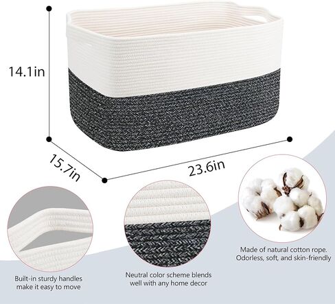 Extra Large Toy Box, 23.6" x 15.7" x 14.1" Rectangle Blanket Basket Living Room, Woven Cotton Rope Basket for Toys, Wicker Toy Storage Organizer Bin, Living Room Playroom Organizations in Kuwait