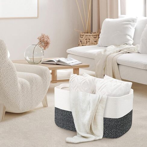 Extra Large Toy Box, 23.6" x 15.7" x 14.1" Rectangle Blanket Basket Living Room, Woven Cotton Rope Basket for Toys, Wicker Toy Storage Organizer Bin, Living Room Playroom Organizations in Kuwait