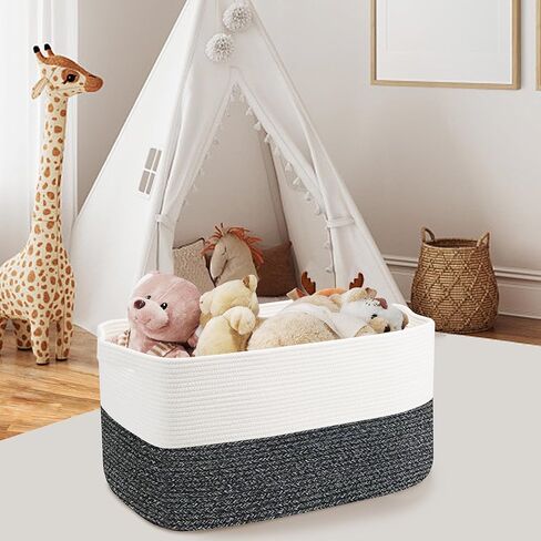 Extra Large Toy Box, 23.6" x 15.7" x 14.1" Rectangle Blanket Basket Living Room, Woven Cotton Rope Basket for Toys, Wicker Toy Storage Organizer Bin, Living Room Playroom Organizations in Kuwait