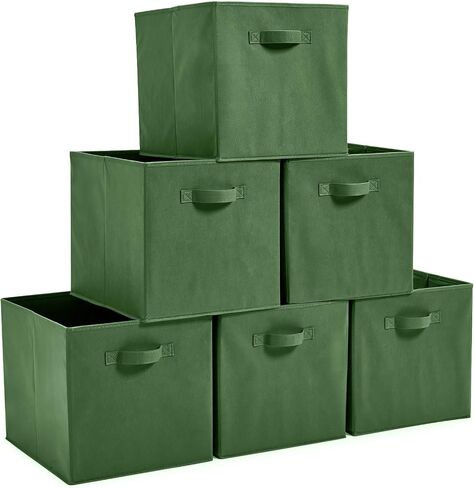 EZOWare Set of 6 Foldable Fabric Basket Bins, 13"x15"x13" Collapsible Storage Organizer Cube with Handle for Clothes Nursery - Kale Green in Saudi Arabia