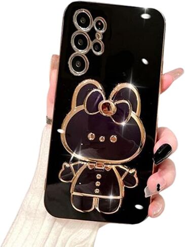 for Samsung Galaxy S24 Ultra Case for Women Girls Cute Hidden Rabbit Bunny Mirror Kickstand,S24 Ultra Phone Case Plating Glitter Soft TPU Bumper Girly Cover for Samsung S24 Ultra Black in Saudi Arabia