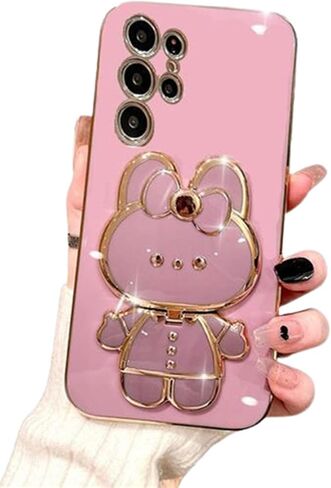 for Samsung Galaxy S24 Ultra Case for Women Girls Cute Hidden Rabbit Bunny Mirror Kickstand,S24 Ultra Phone Case Plating Glitter Soft TPU Bumper Girly Cover for Samsung S24 Ultra Black in Saudi Arabia