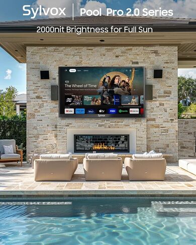 تلفزيون SYLVOX خارجي، تلفزيون ذكي مقاوم للماء مقاس 65 بوصة، تلفزيون شمسي كامل 2000nits، 4K، Dolby Atmos، HDR 10، تلفزيون مقاوم للطقس مع جهاز تحكم عن بعد مساعد صوتي (Pool Pro 2.0، أحدث طراز) in Saudi Arabia