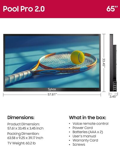 تلفزيون SYLVOX خارجي، تلفزيون ذكي مقاوم للماء مقاس 65 بوصة، تلفزيون شمسي كامل 2000nits، 4K، Dolby Atmos، HDR 10، تلفزيون مقاوم للطقس مع جهاز تحكم عن بعد مساعد صوتي (Pool Pro 2.0، أحدث طراز) in Saudi Arabia