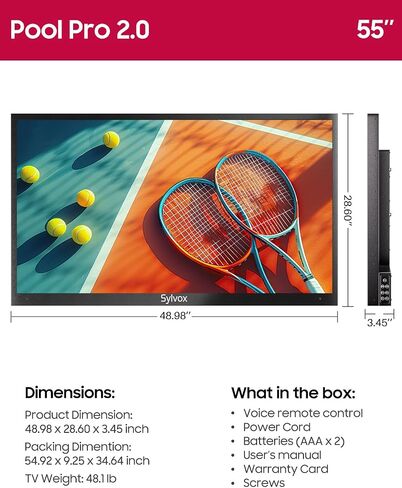 تلفزيون SYLVOX خارجي، تلفزيون ذكي مقاوم للماء مقاس 65 بوصة، تلفزيون شمسي كامل 2000nits، 4K، Dolby Atmos، HDR 10، تلفزيون مقاوم للطقس مع جهاز تحكم عن بعد مساعد صوتي (Pool Pro 2.0، أحدث طراز) in Saudi Arabia