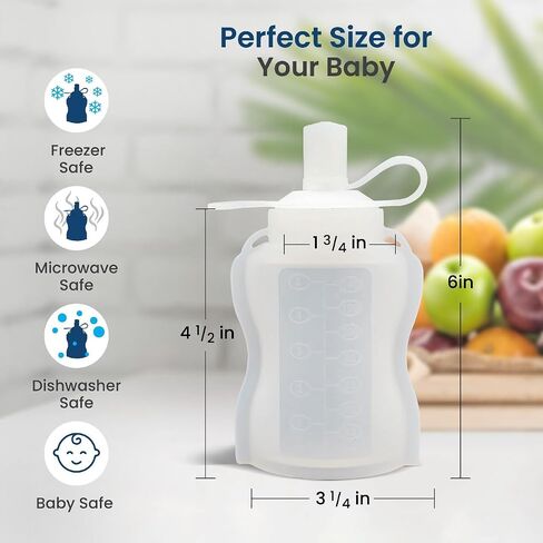 Extra Wide Reusable Baby Food Pouches Silicone - Baby Food Storage Pouch - Refillable Squeeze Pouches for Kids - BPA Free & Freezable - Refillable Pouches for Toddlers (Grey&White, Pack of 2) in Saudi Arabia