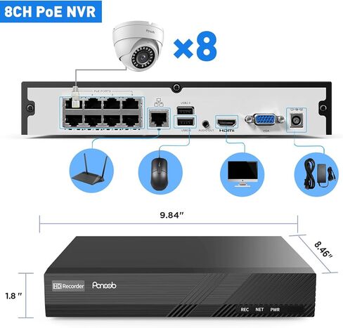 8CH H.265 Network Video Recorder, 4K 8 PoE ports NVR, Remote Access, Motion Alarm, 24/7 Recording, Smart Playback, Support 4K/8MP/5MP/4MP/3MP PoE Cameras, ONE SATA Ports Up to 8TB (without HDD) in Saudi Arabia