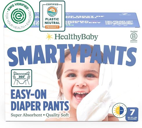 حفاضات SmartyPants سحب ما يصل نمط | معتمد من EWG وآمن ومعتمد على النباتات | حزام خصر مبطن 360 درجة، فائق الامتصاص للحماية من التسرب طوال الليل | سروال التدريب من هيلثي بيبي | الحجم 7 (30 قطعة) in Saudi Arabia