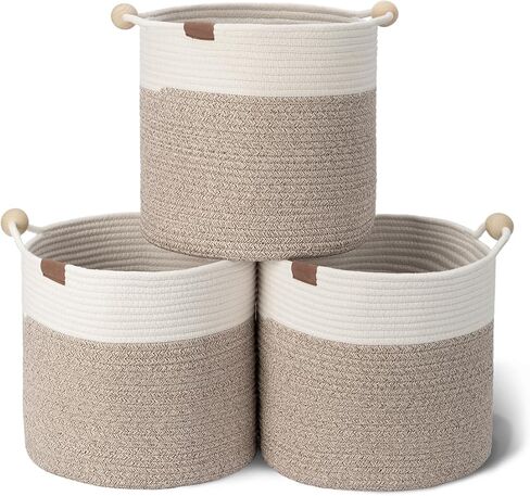 StorageWorks Woven Storage Baskets for Organizing, Woven Basket with Wooden Handles, 13 x 13 Woven Baskets for Storage, Small Woven Cube Storage Basket for Living Room, White&Light Brown, 3-Pack in Saudi Arabia