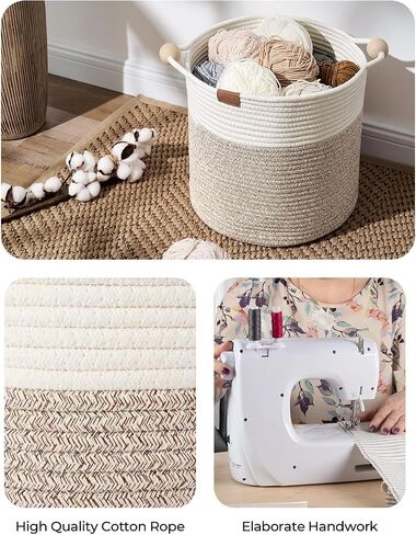 StorageWorks Woven Storage Baskets for Organizing, Woven Basket with Wooden Handles, 13 x 13 Woven Baskets for Storage, Small Woven Cube Storage Basket for Living Room, White&Light Brown, 3-Pack in Saudi Arabia